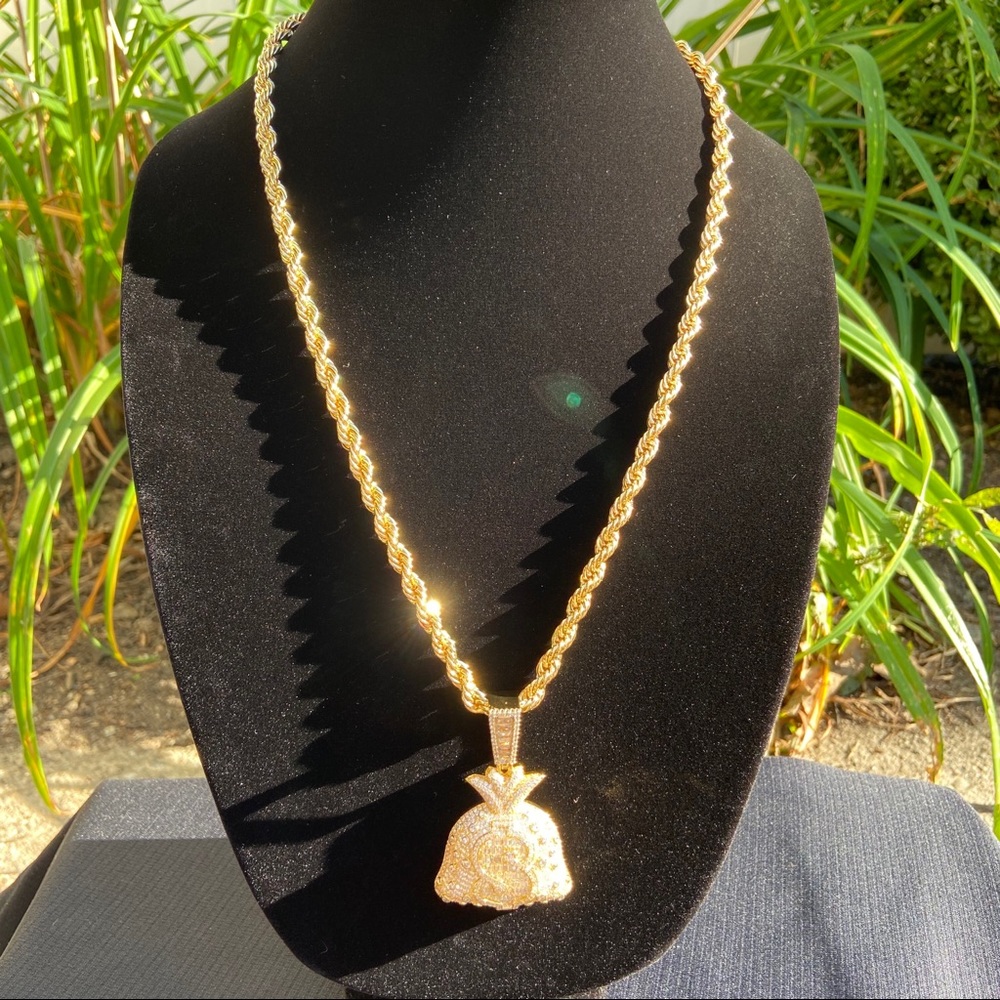 Gold Chain Rope Chain and Icy Money Bag Pendant Set